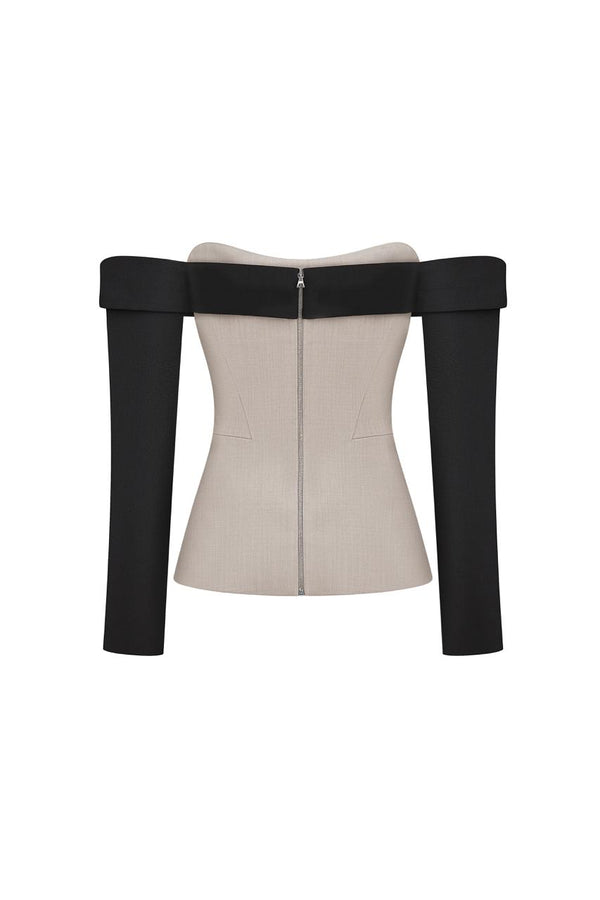 Taupe corset with black sleeves