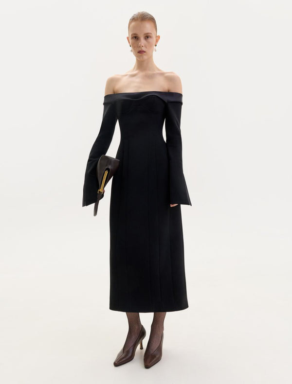 Black off-shoulder wool midi dress