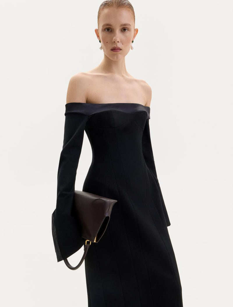 Black off-shoulder wool midi dress