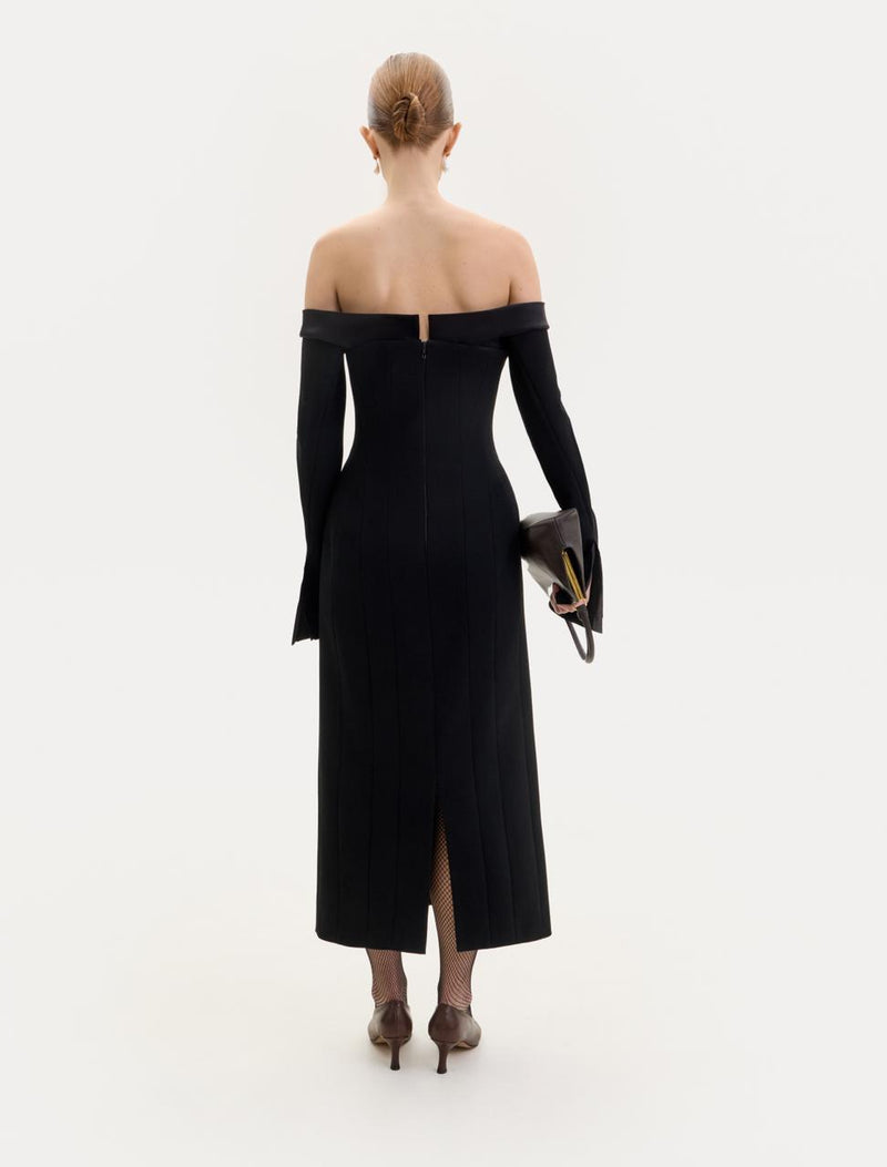 Black off-shoulder wool midi dress