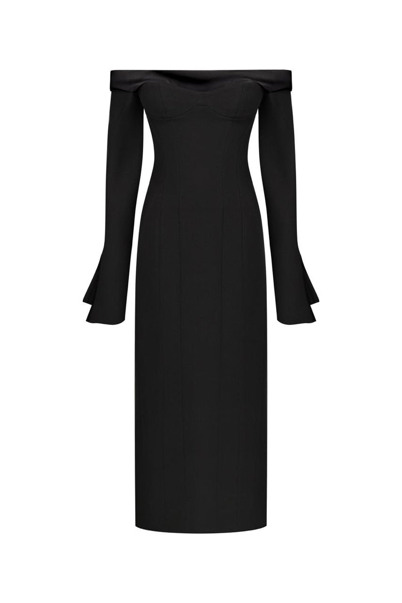 Black off-shoulder wool midi dress