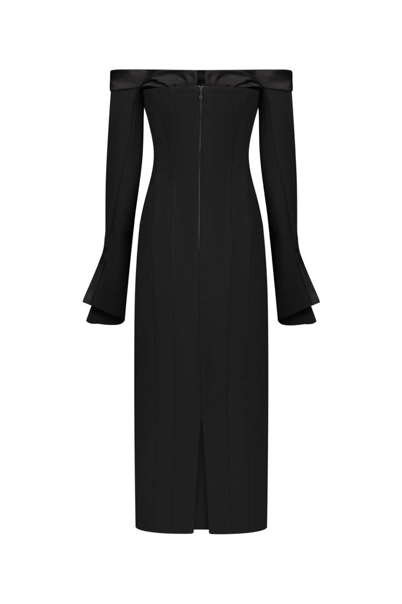 Black off-shoulder wool midi dress