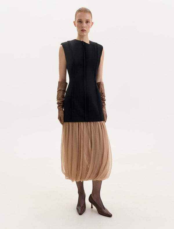 Black wool midi dress with a baige shiffon skirt