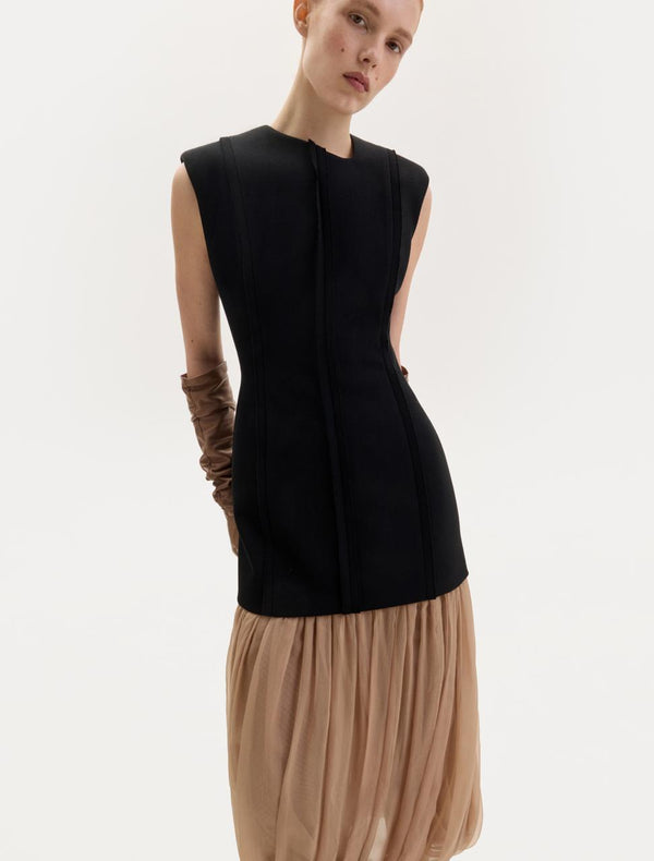 Black wool midi dress with a baige shiffon skirt