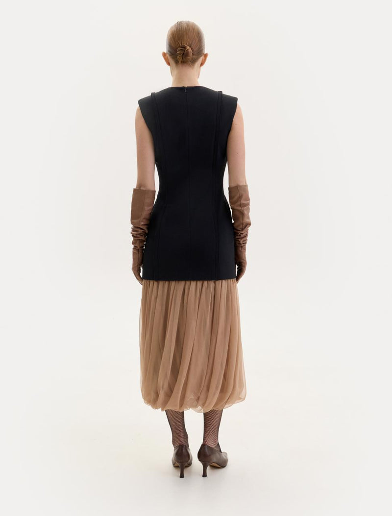 Black wool midi dress with a baige shiffon skirt