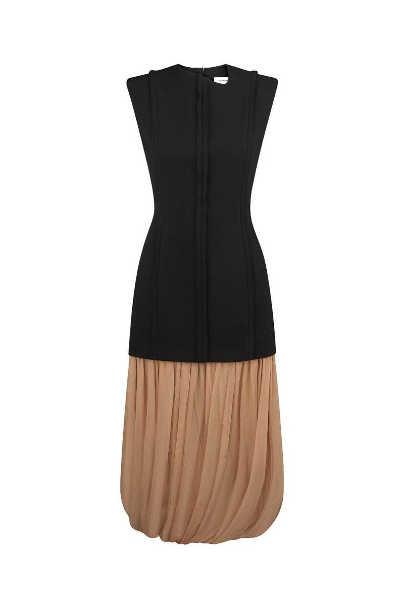 Black wool midi dress with a baige shiffon skirt