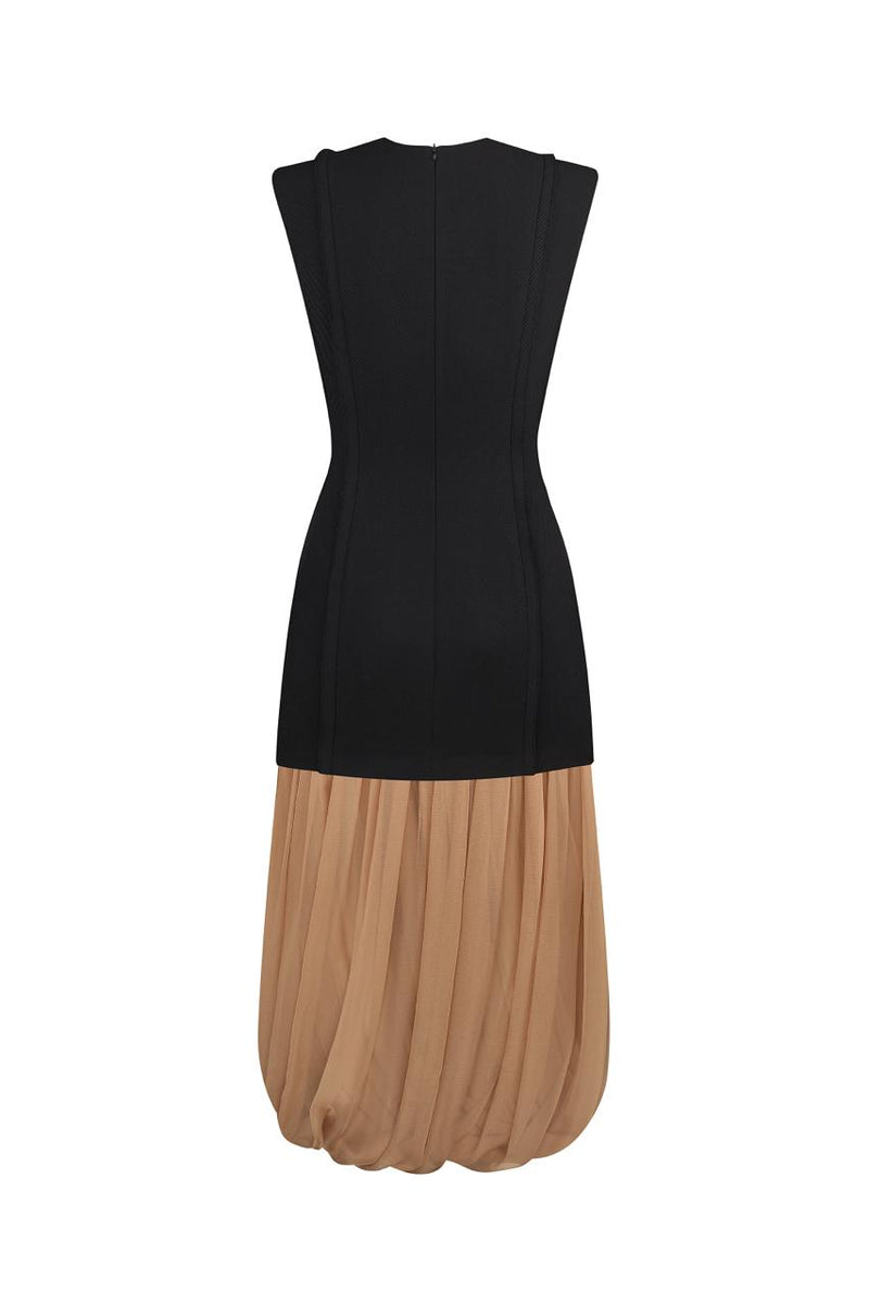 Black wool midi dress with a baige shiffon skirt