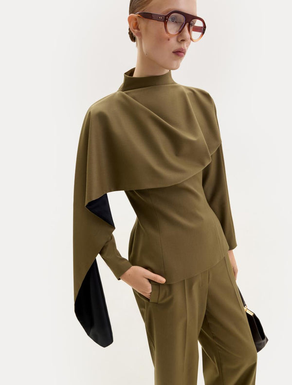 Dark olive wool blouse with a scarf