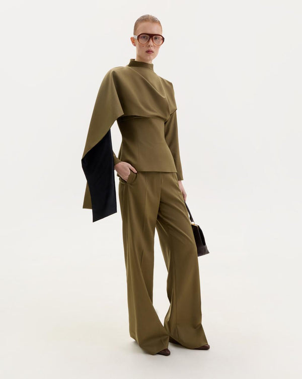 Dark olive wool blouse with a scarf