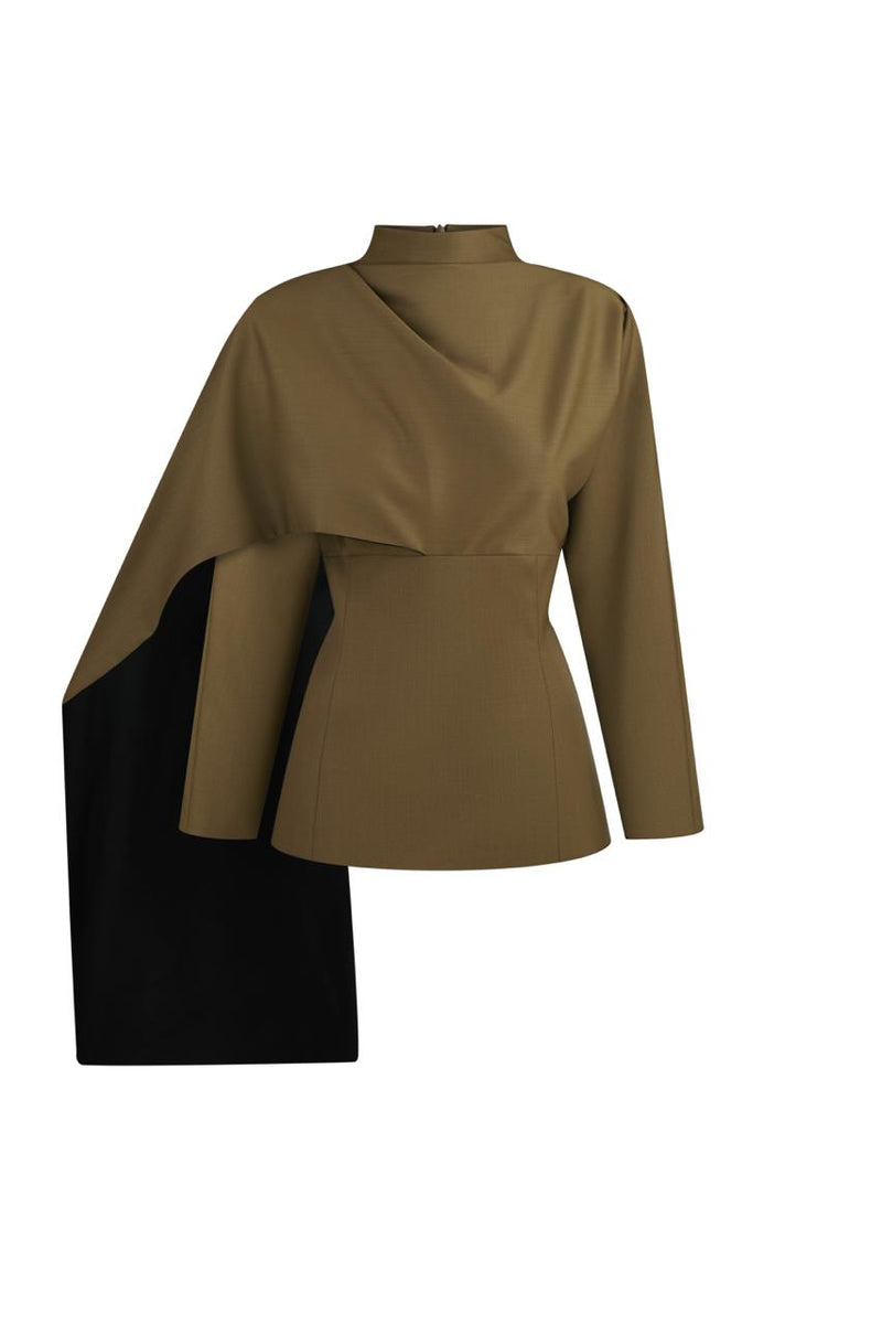 Dark olive wool blouse with a scarf