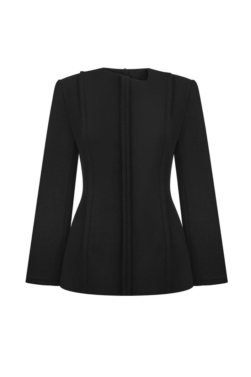 Black wool top with an asymmetric neckline