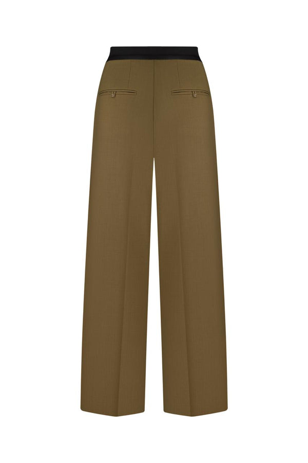 Dark olive wide-leg trousers with a black belt