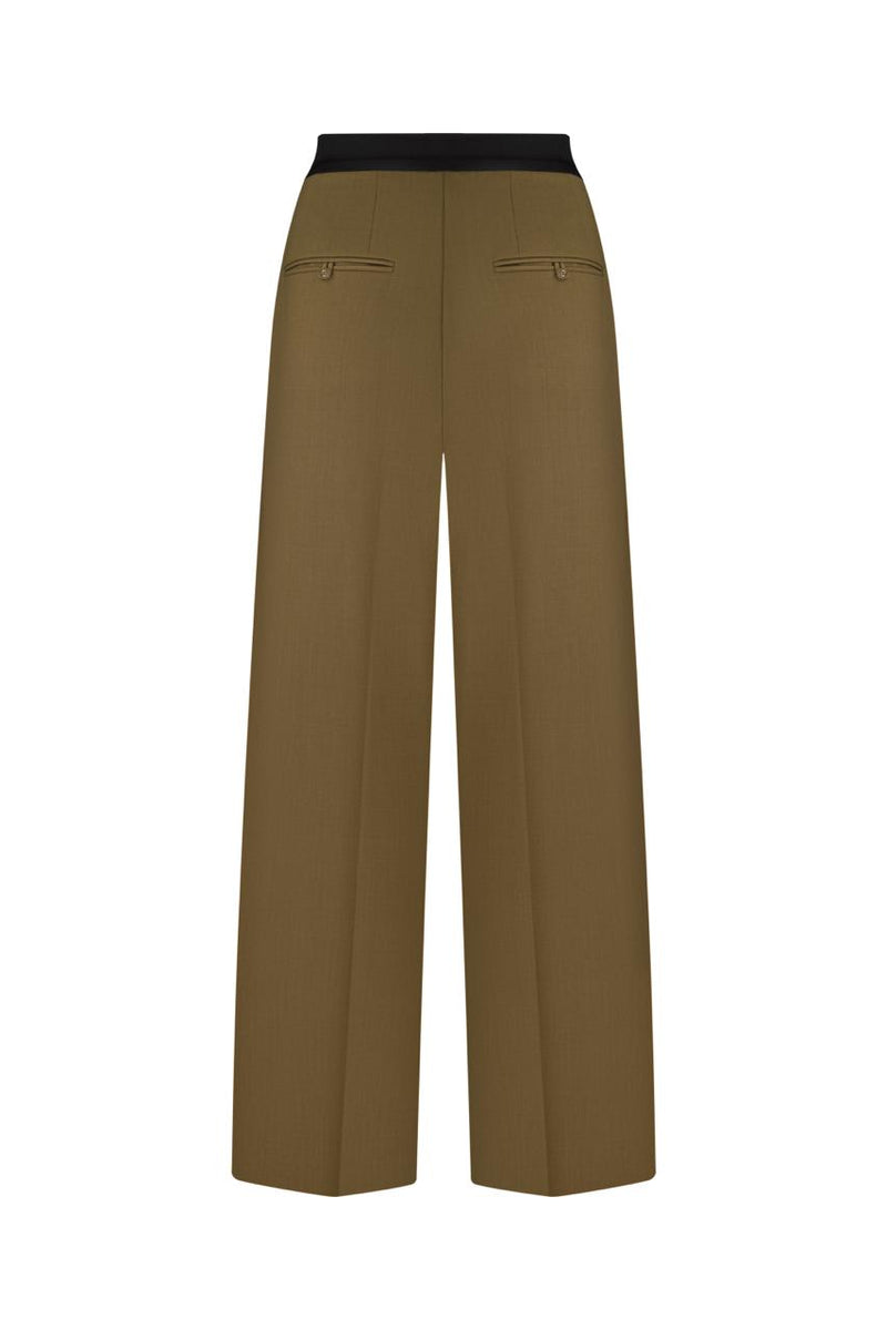 Dark olive wide-leg trousers with a black belt