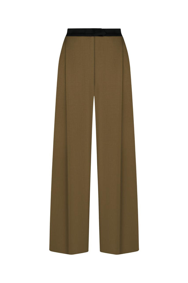 Dark olive wide-leg trousers with a black belt