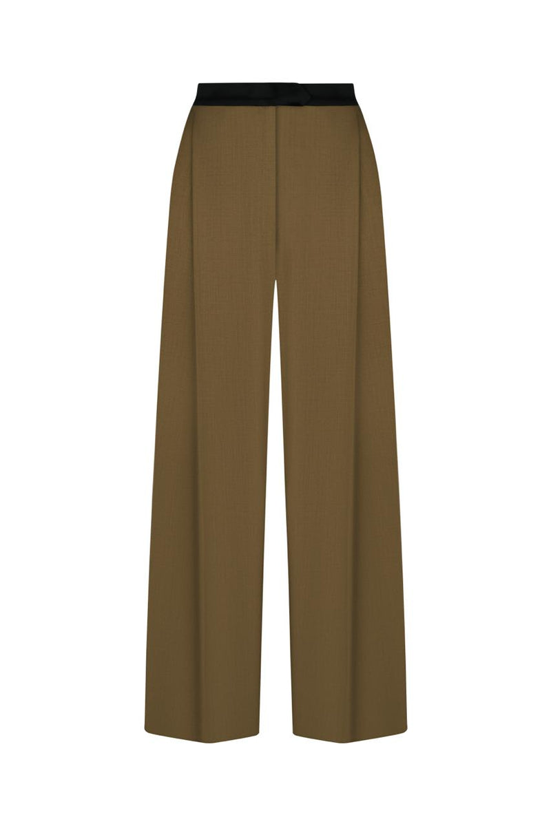 Dark olive wide-leg trousers with a black belt