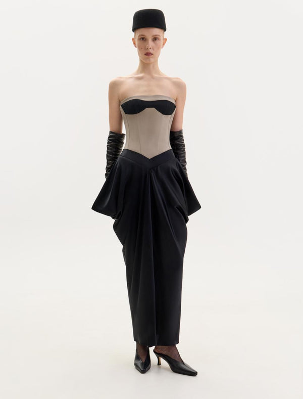 Taupe corset dress with a silk skirt