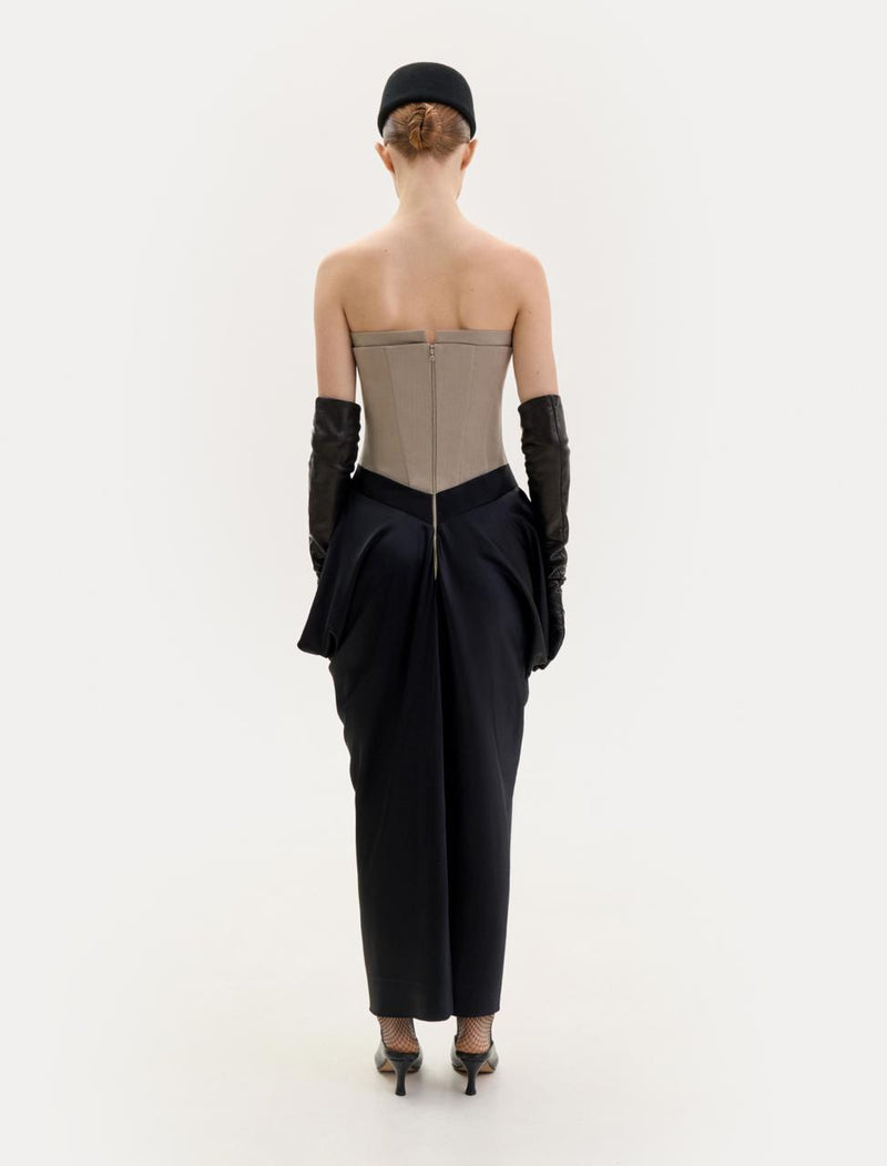 Taupe corset dress with a silk skirt