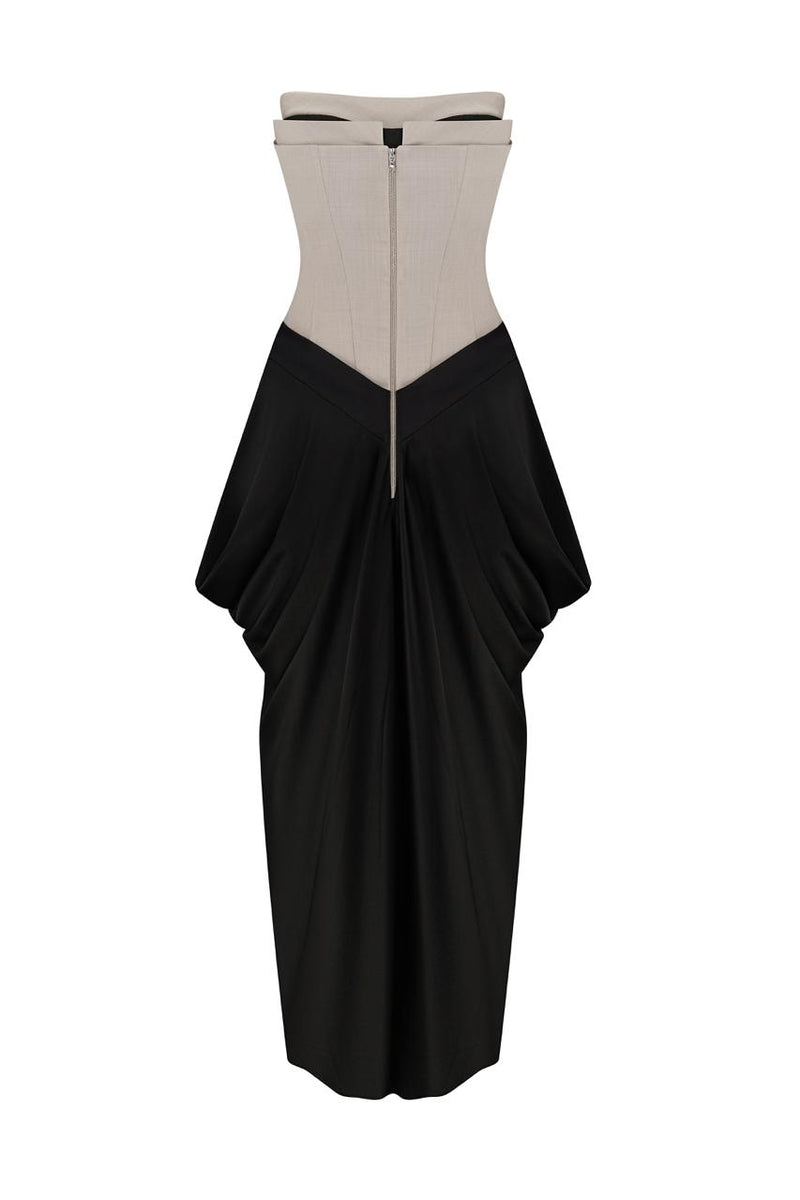 Taupe corset dress with a silk skirt