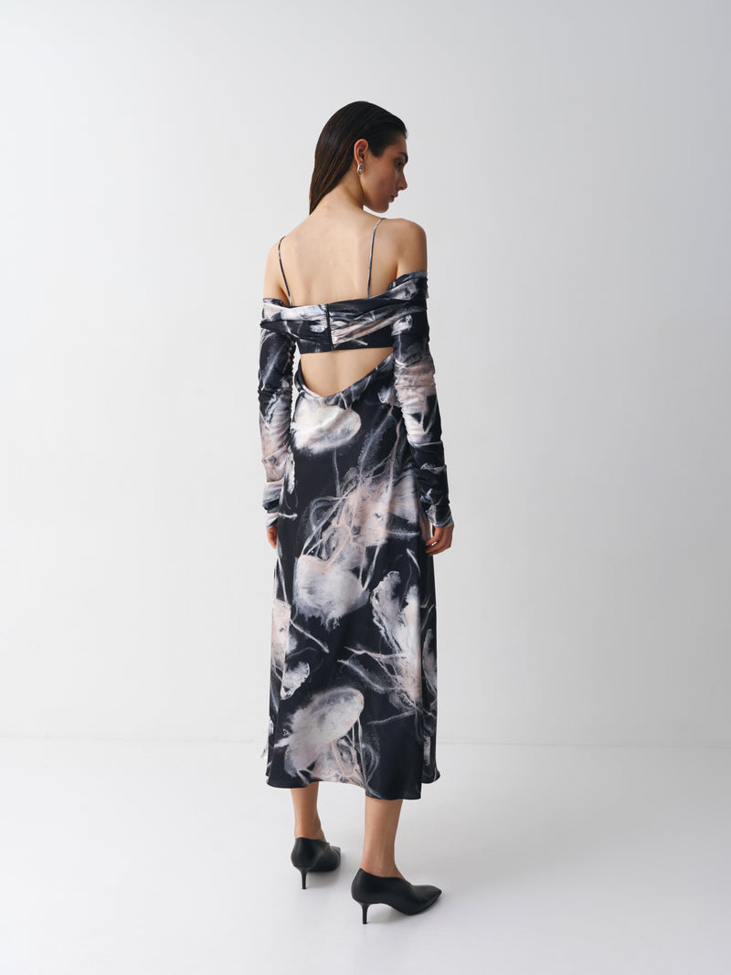 Silk printed dress with sleeves