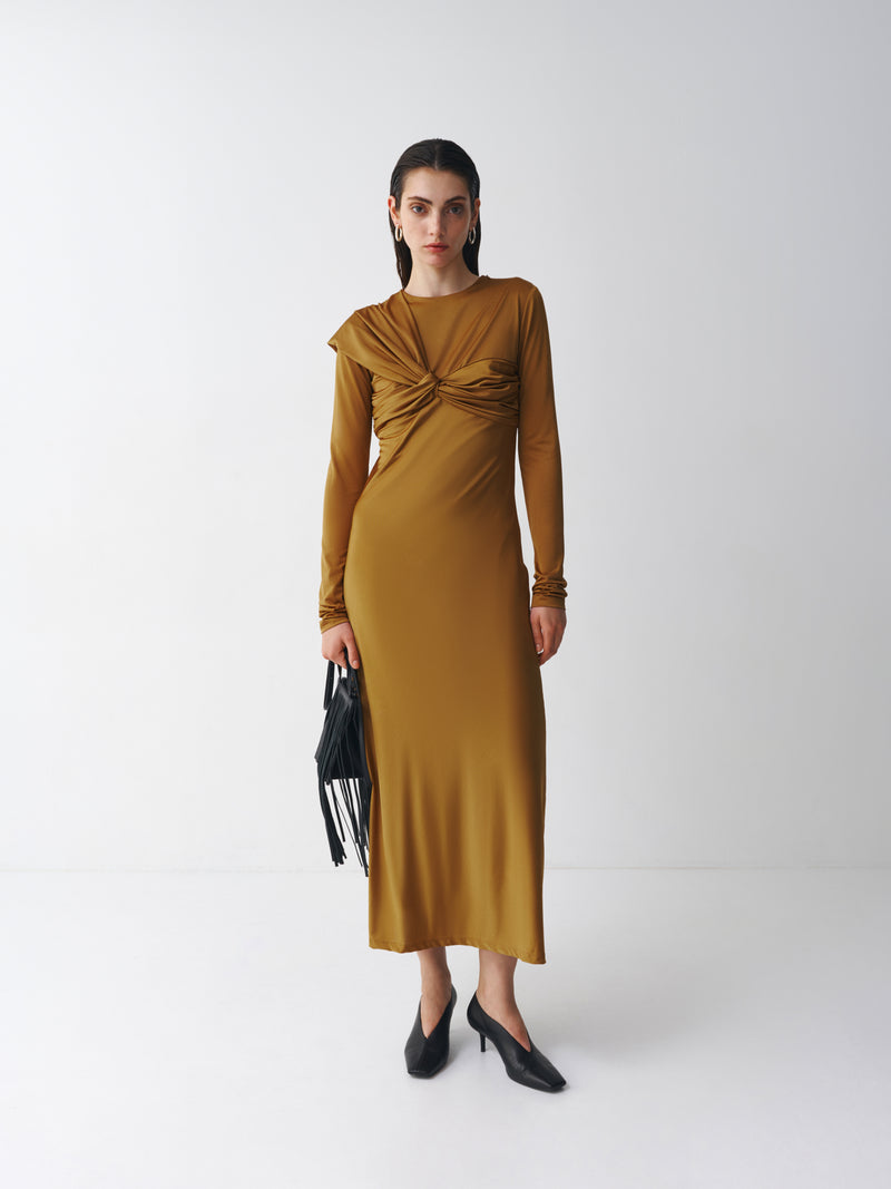 Midi dress with a knot on the chest in oil