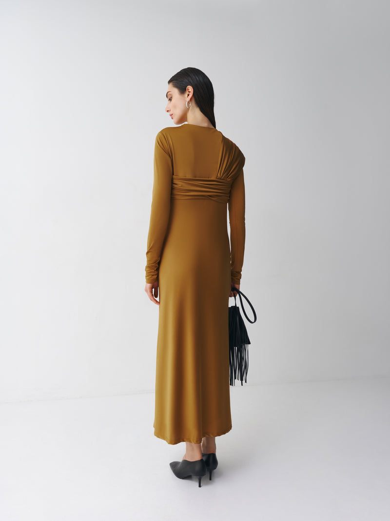 Midi dress with a knot on the chest in oil