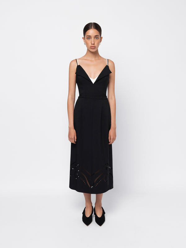 Black midi dress embroidered with trypillian pattern