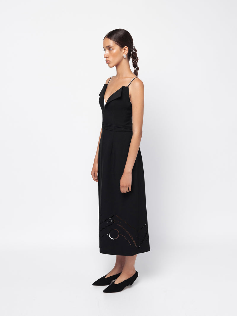 Black midi dress embroidered with trypillian pattern