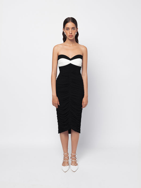 Black off shoulder draped chiffon dress