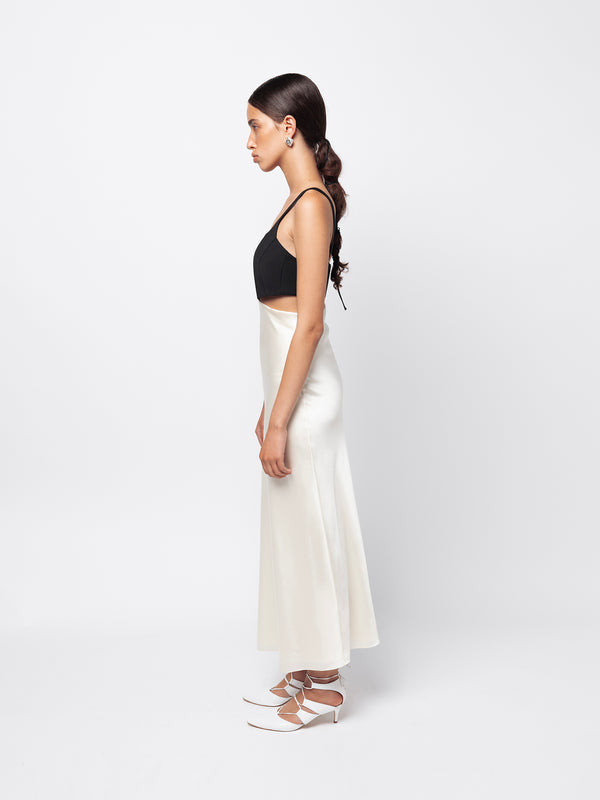 Cream silk dress with black top